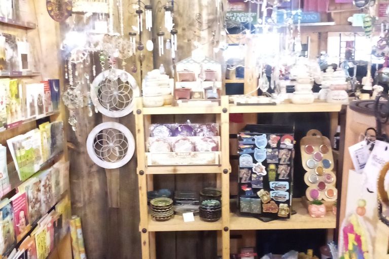 The metaphysical section of Round The Mountain Gift Shop